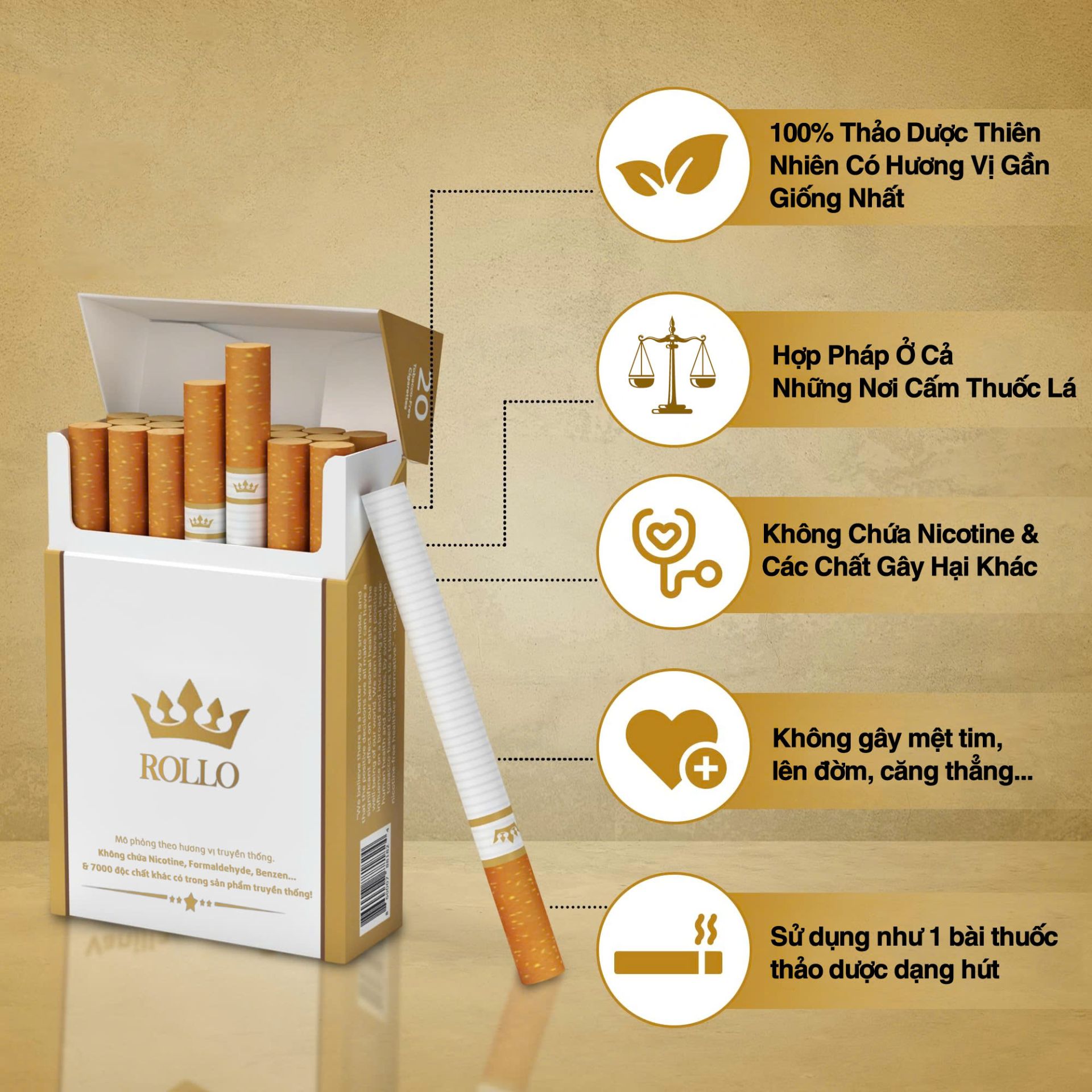 Thuốc Lá Thảo Mộc Rollo Không Nicotine, Formaldehyde, Benzen,...